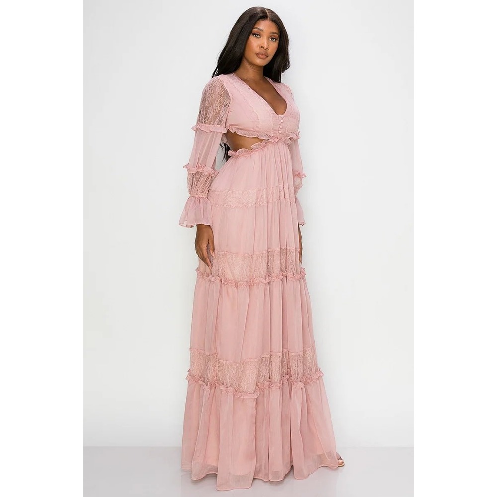 Rosevelvet Lace Trim Cutout Maxi Dress  Chiffon Long Sleeve‎ Tiered Formal Gown